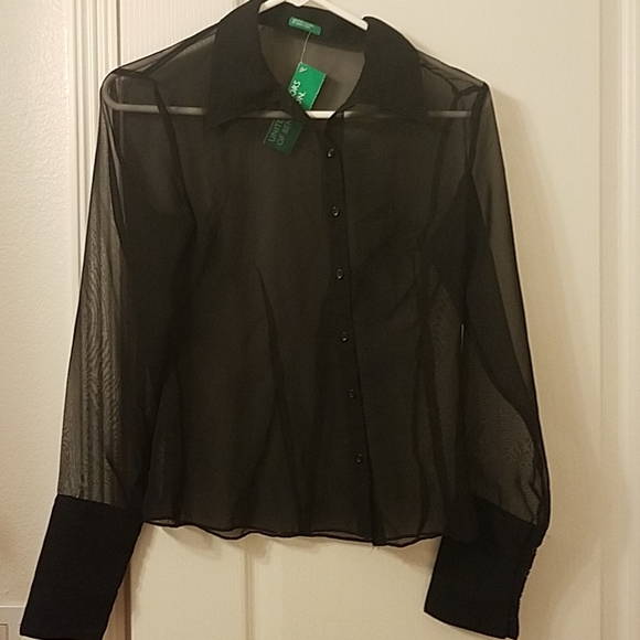 United Colors of Benetton Black Blouse Sheer Mesh Shirt Long Sleeve See - Picture 1 of 4